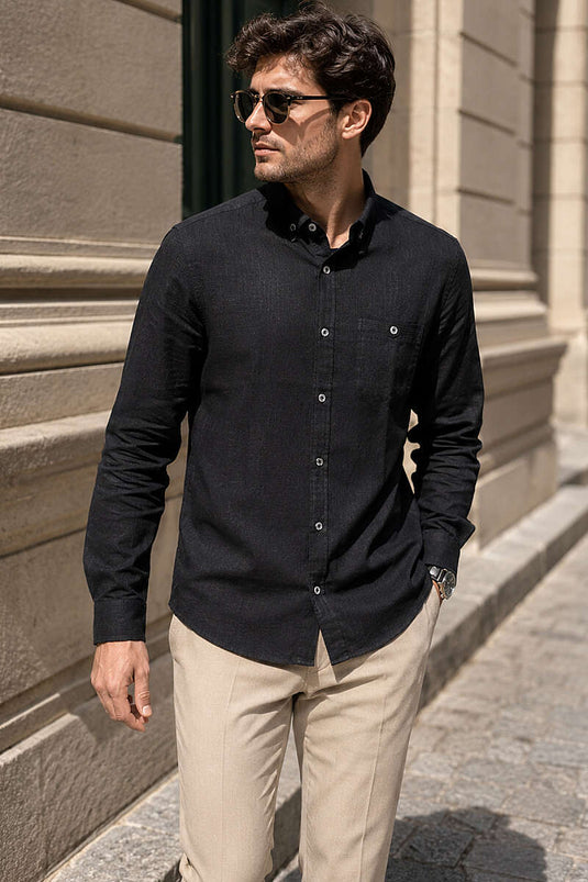 Uzun Kollu Slim Fit Düz Erkek Gömlek Siyah