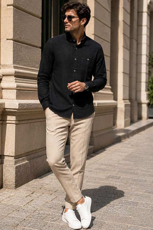 Uzun Kollu Slim Fit Düz Erkek Gömlek Siyah