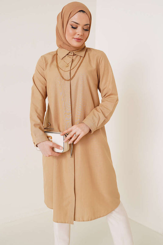 Uzun Model Klasik Yaka Latte Tunik