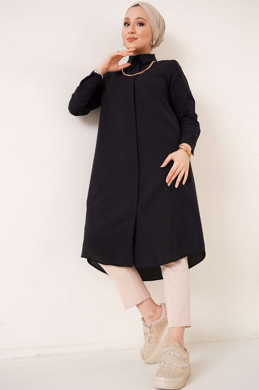 Tunique noire à col classique, modèle long