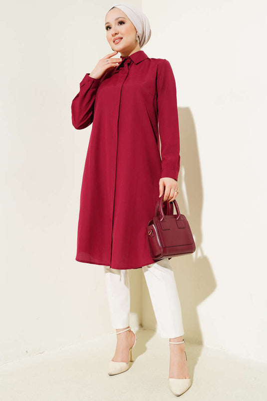 Lange Klassische Hemdbluse Mit Kragen Bordeaux