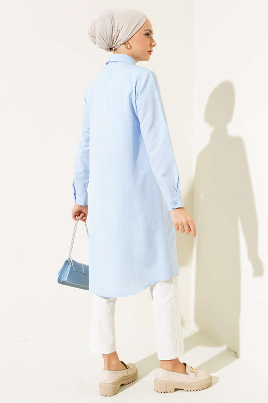 Tunique longue à col classique bleu glacier