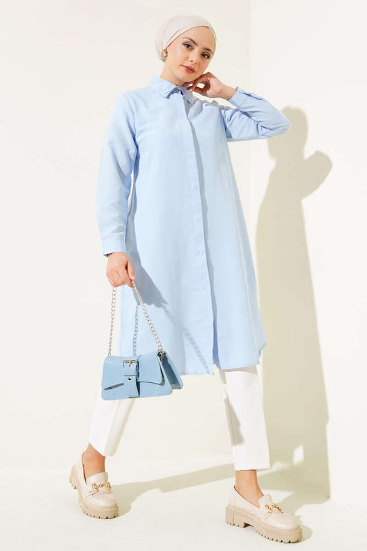 Tunique longue à col classique bleu glacier