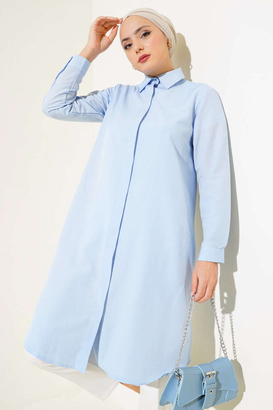 Tunique longue à col classique bleu glacier