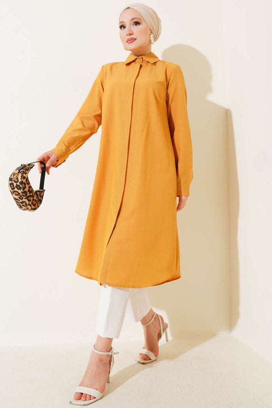 Tunique longue à col classique moutarde