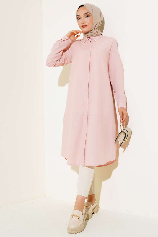 Uzun Model Klasik Yaka Tunik Pudra