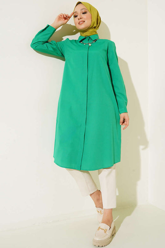 Uzun Model Klasik Yaka Zümrüt Yeşili Tunik