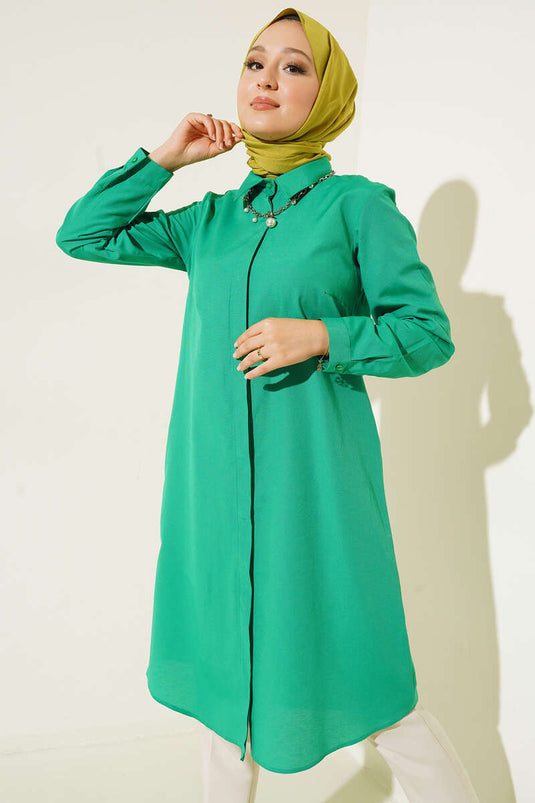 Uzun Model Klasik Yaka Zümrüt Yeşili Tunik