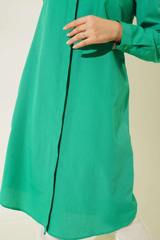 Uzun Model Klasik Yaka Zümrüt Yeşili Tunik