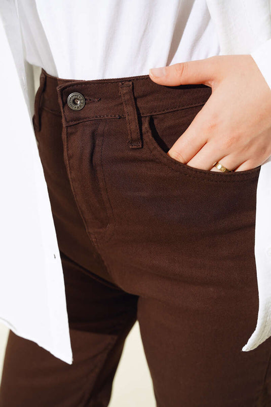 جينز طويل فضفاض بني