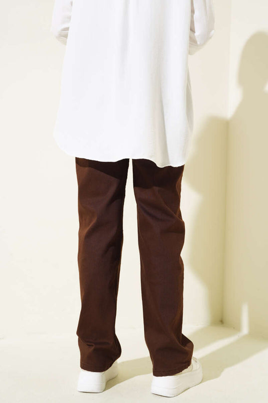 جينز طويل فضفاض بني