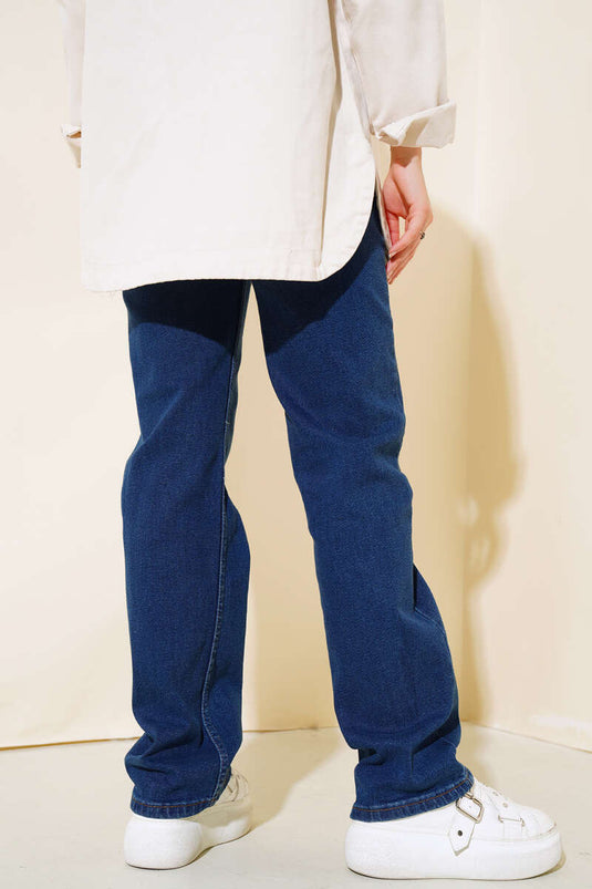 جينز طويل فضفاض باللون الأزرق الداكن