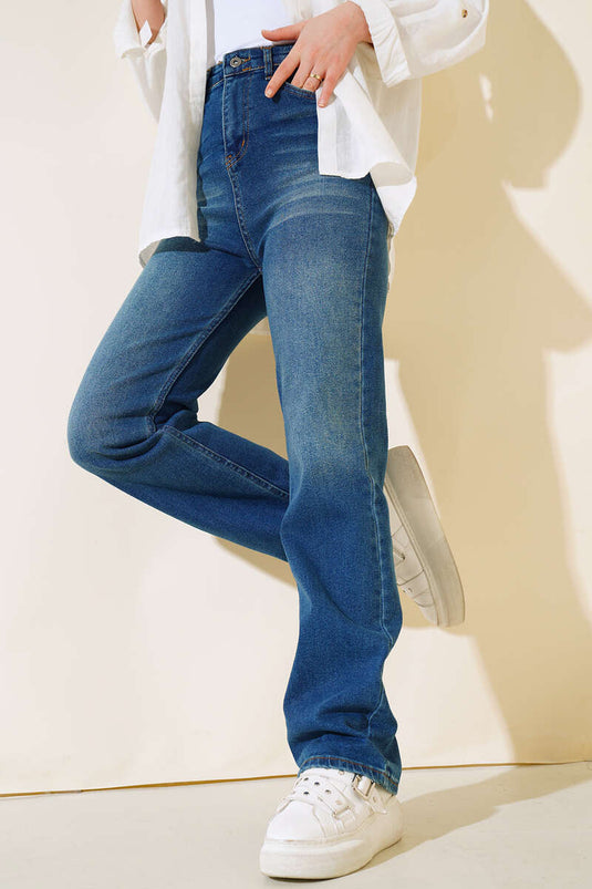 Lange, lockere Jeans Mittelblau