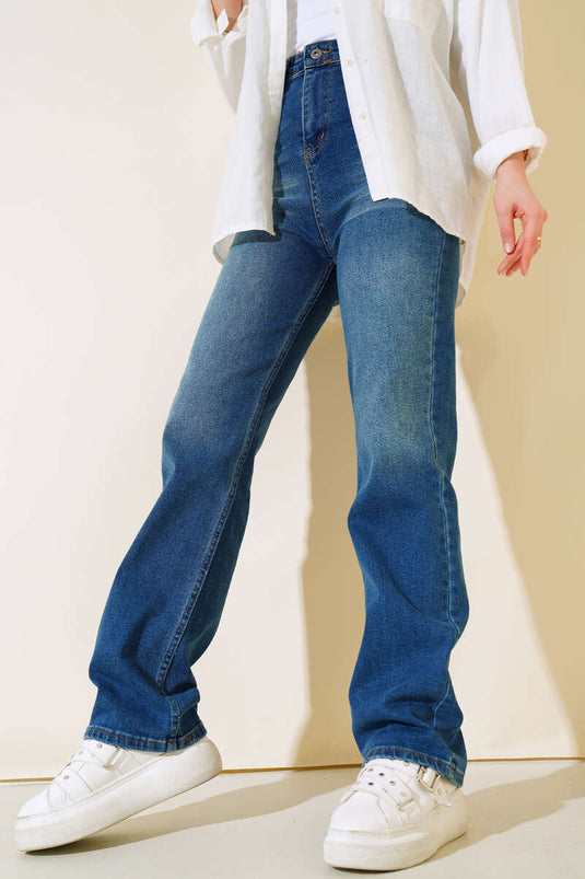 Lange, lockere Jeans Mittelblau