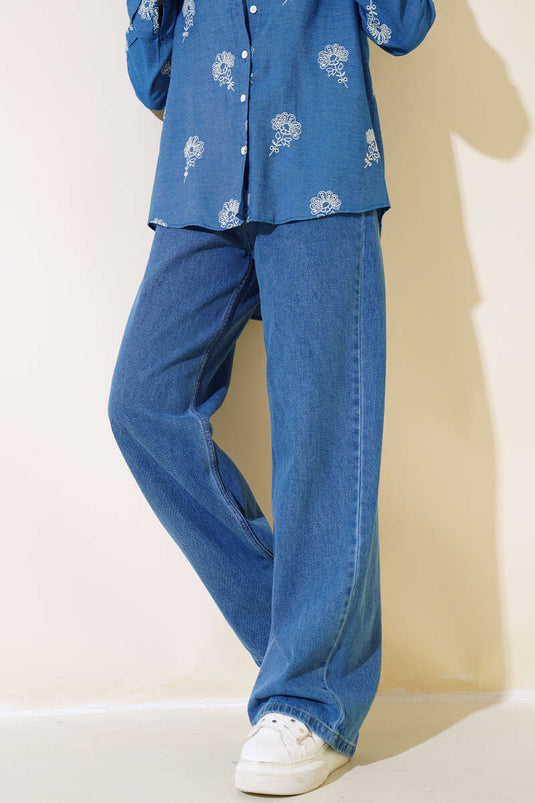 Lange, lockere Hose Mittelblau