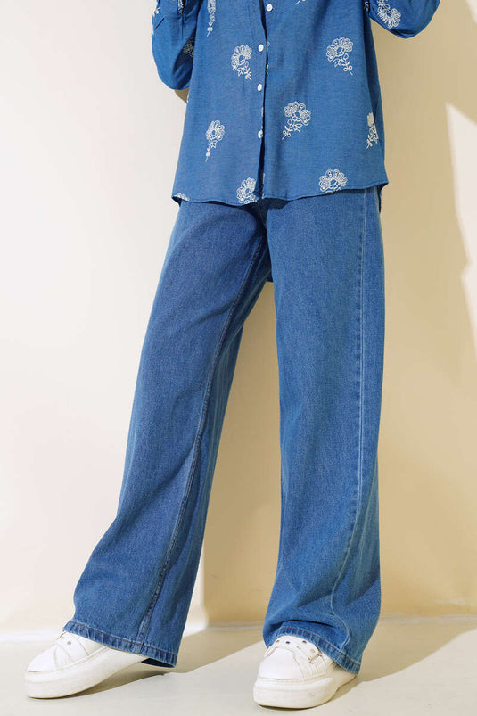 Lange, lockere Hose Mittelblau