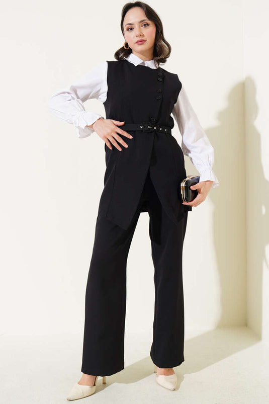 Lang vest met kruisknoopsluiting, tweedelig pak, zwart