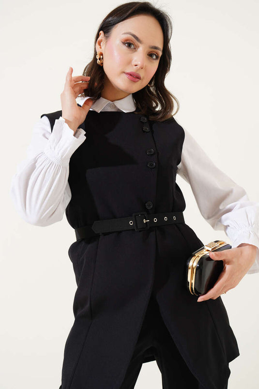 Lang vest met kruisknoopsluiting, tweedelig pak, zwart