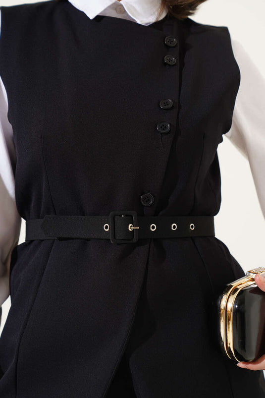 Lang vest met kruisknoopsluiting, tweedelig pak, zwart