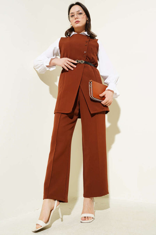Long Vest Belted Two Piece Suit Brown