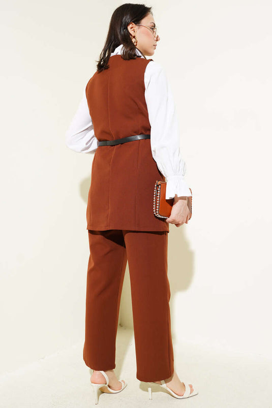 Long Vest Belted Two Piece Suit Brown