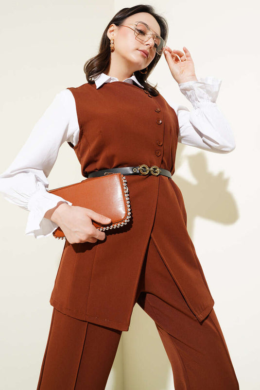 Long Vest Belted Two Piece Suit Brown