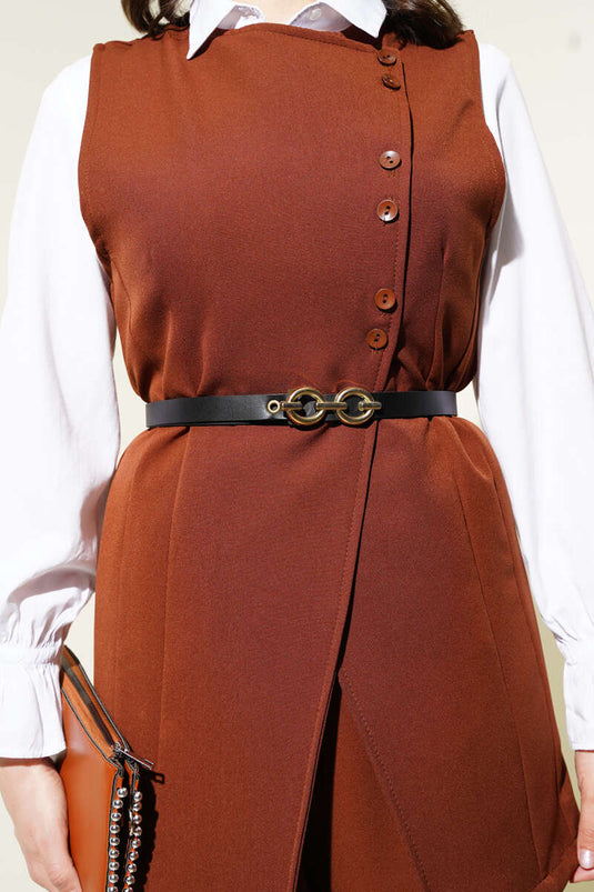 Long Vest Belted Two Piece Suit Brown