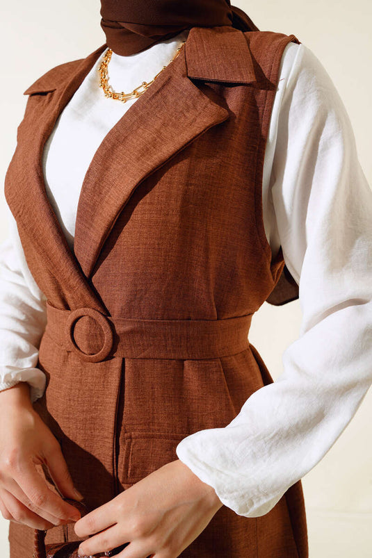 Costume Trois Pièces En Lin avec Gilet Long Marron