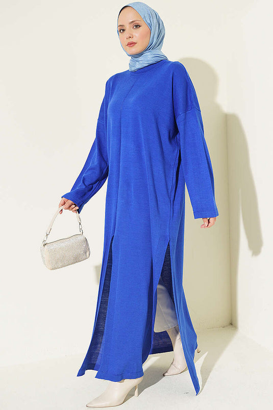 Uzun Yırtmaç Detaylı Triko Tunik Saks