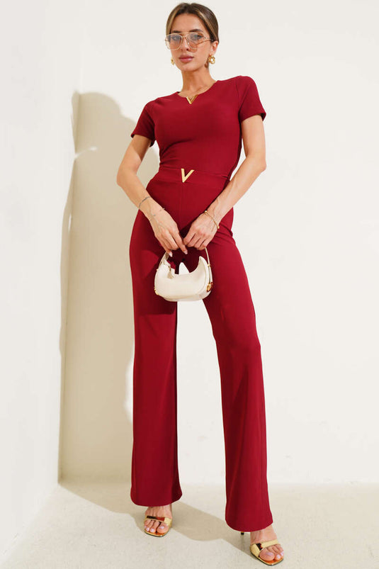 V Accessory Short Sleeve Two Piece Suit Burgundy