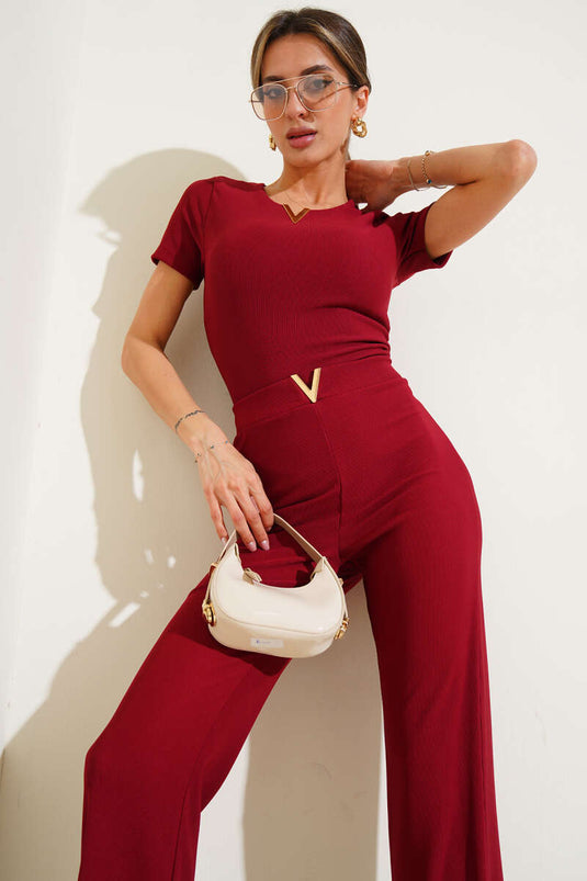 V Accessory Short Sleeve Two Piece Suit Burgundy