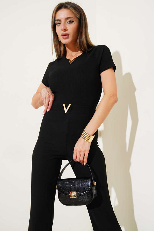 V Accessory Korte Mouw Tweedelig Pak Zwart