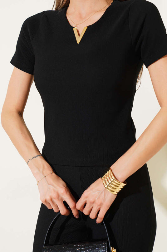 V Accessory Korte Mouw Tweedelig Pak Zwart