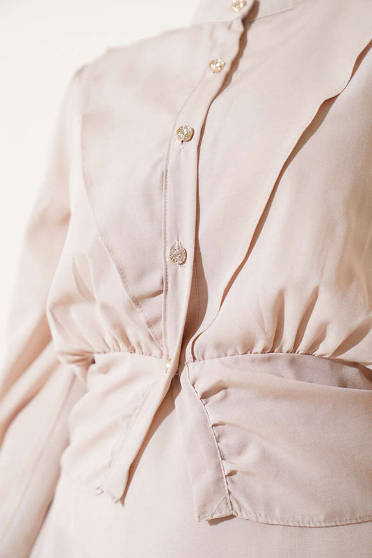 V Alerli Ceketli Jile Takım Bej