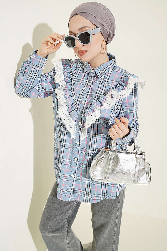 Camicia a quadri blu con volant V Brode