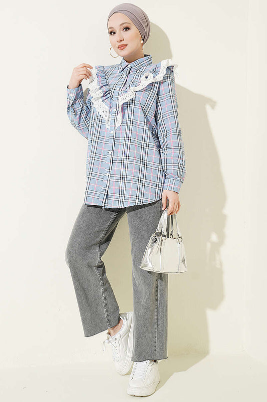 Camicia a quadri blu con volant V Brode
