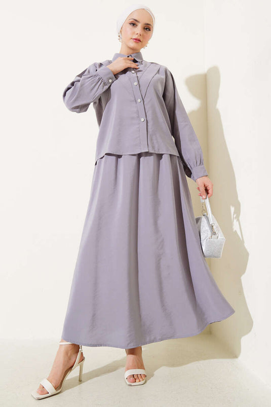 V-Seam Skirted Two-Piece Suit Gray