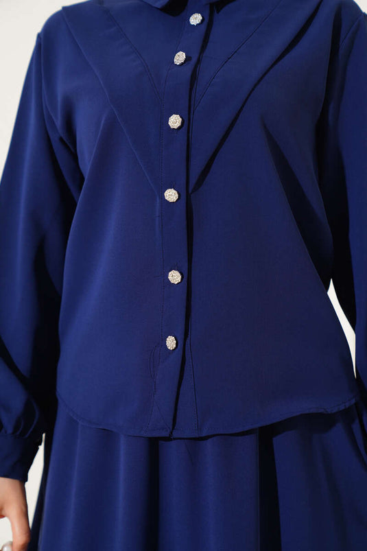 V-Seam Skirted Two-Piece Suit Navy Blue