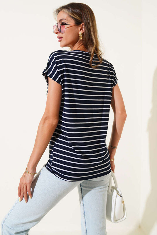 V-Zip Striped T-shirt Navy Blue