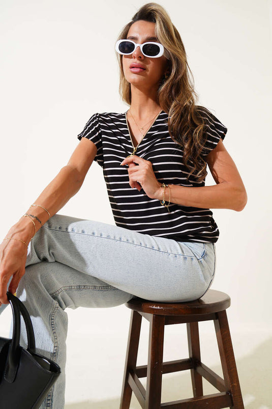 V-Zip Striped T-shirt Black