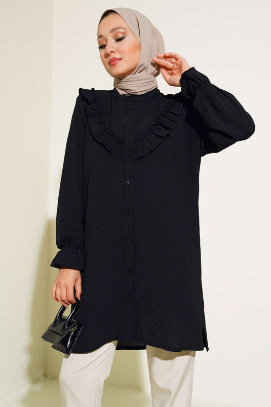 V Ruffle Shirt Black