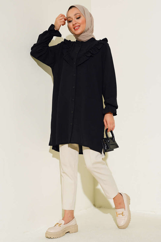 V Ruffle Shirt Black