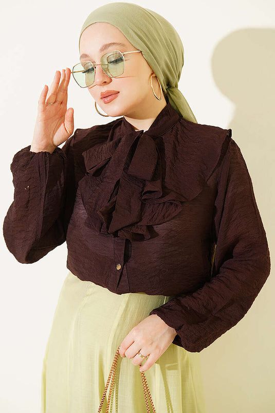 Ruffled Collar Tie-Detail Short Shirt In Spicy Brown