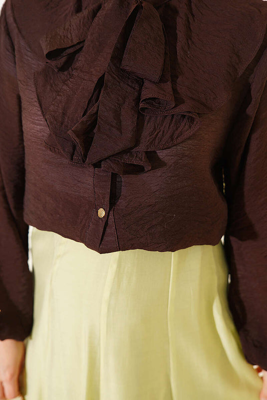 Ruffled Collar Tie-Detail Short Shirt In Spicy Brown