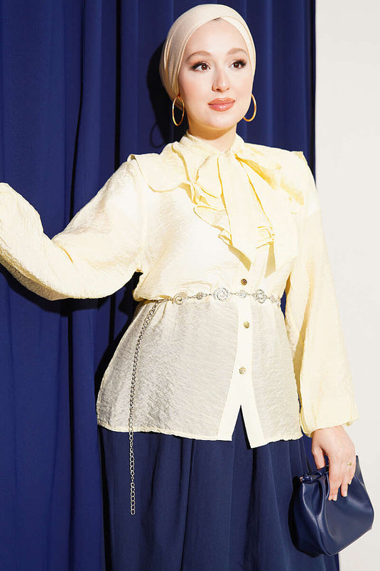 Chemise Courte Jaune À Volants Et À Nœud