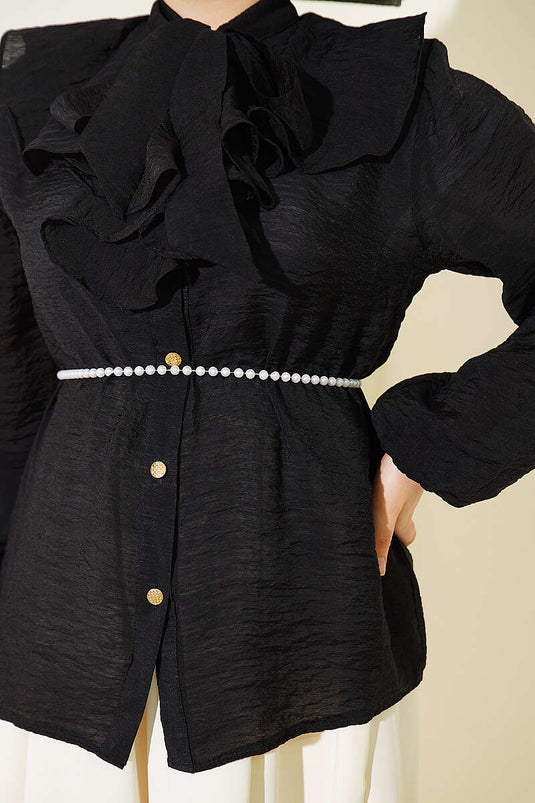 Camisa Corta Negra Con Volantes Y Cuello Con Lazo