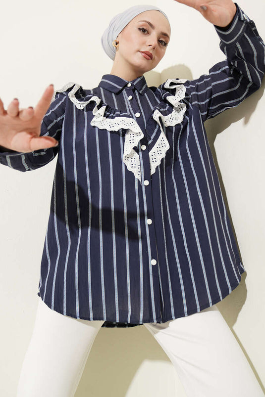 V Lace-Trimmed Striped Tunic Navy Blue