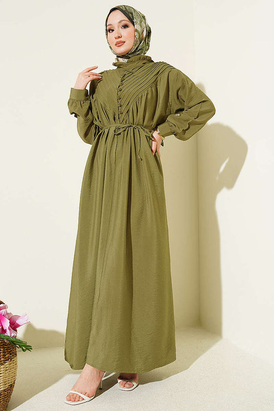 Vestito in modal con bottoni e nervature a V, colore kaki