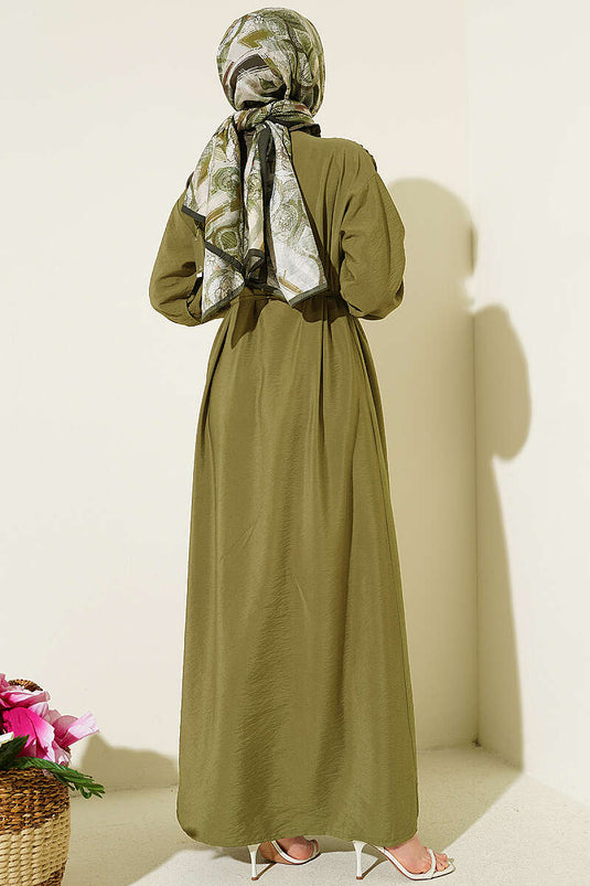Vestito in modal con bottoni e nervature a V, colore kaki