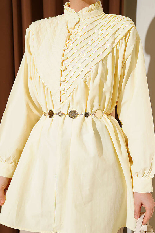 Tunique boutonnée à demi col en V nervurée jaune